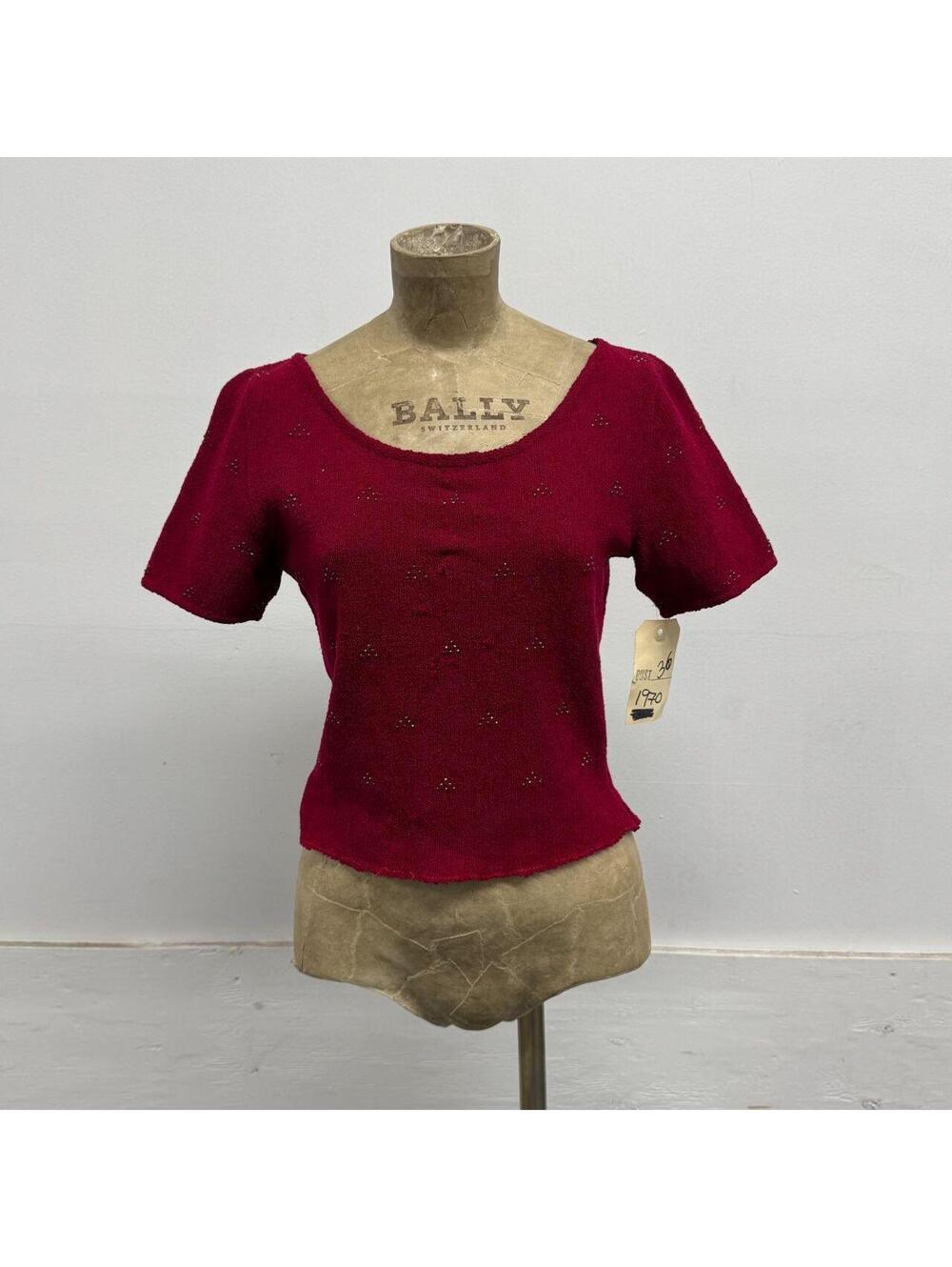 Vintage 1970s Raspberry Red Beaded Pointelle Knit Scoop Neck Top
